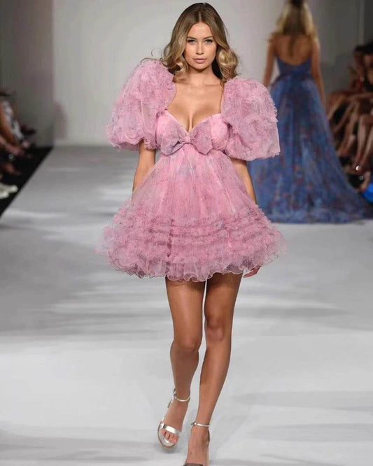 Ball Print Formal Mini Fluffy Sleeves Folded Bow Dress - REBECATHELABEL