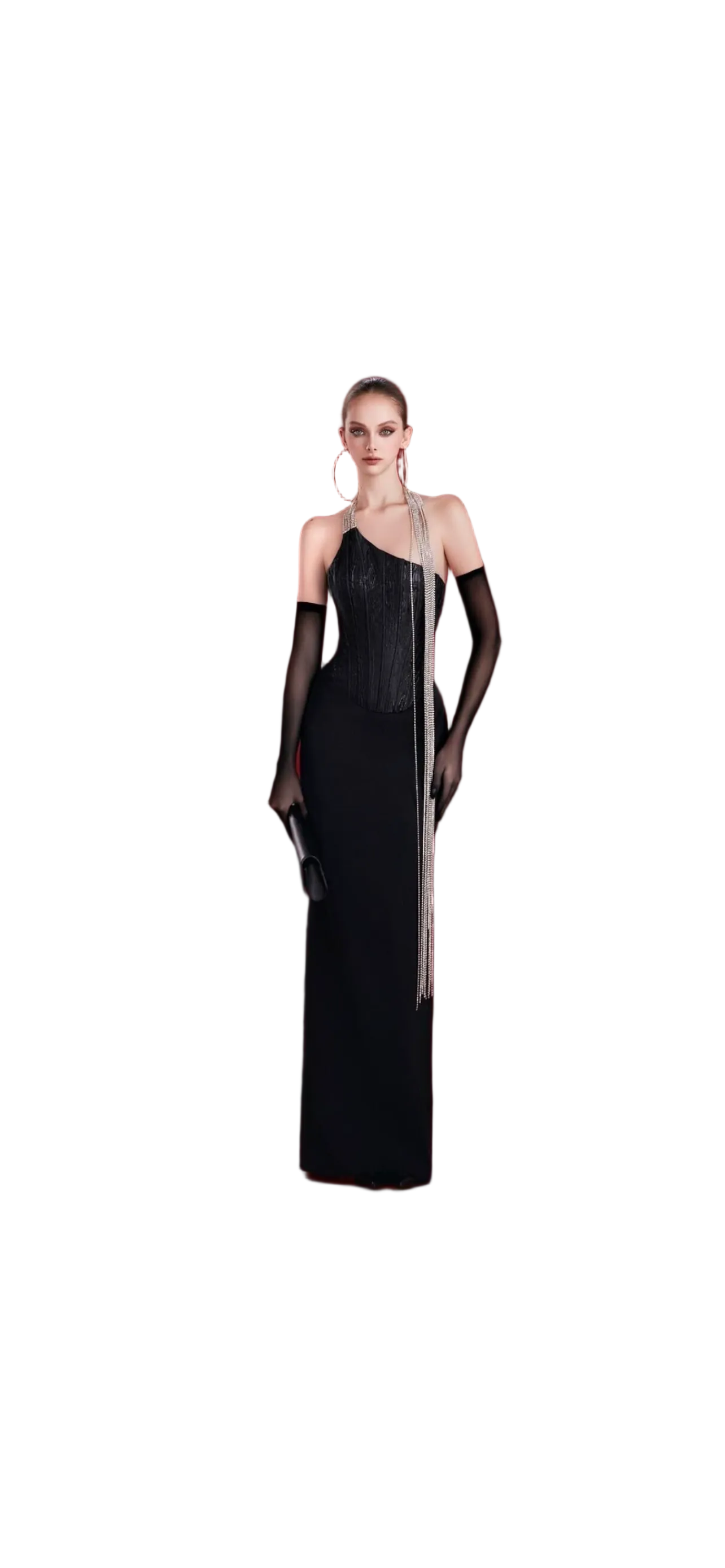 V-Neck Strap Shinning Long Chain  Bodycon Long Bandage Dress with no gloves