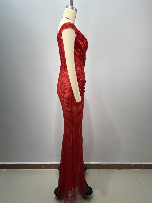 Shoulder-dropping Red Waist Slimming Sequined Dress