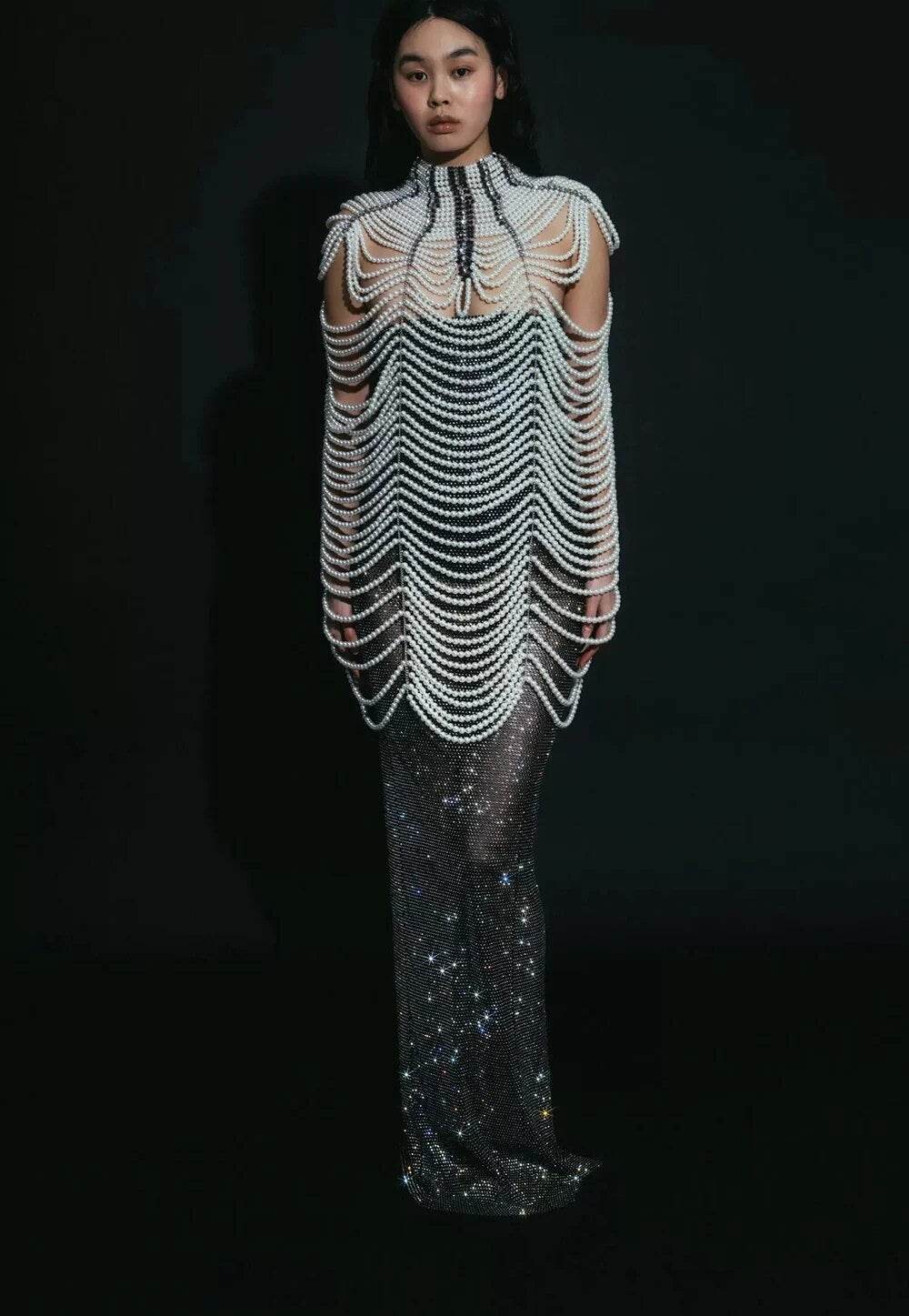 White Black Pearl Beaded Cloak Sexy Slim Fit Mini Dress - REBECATHELABEL