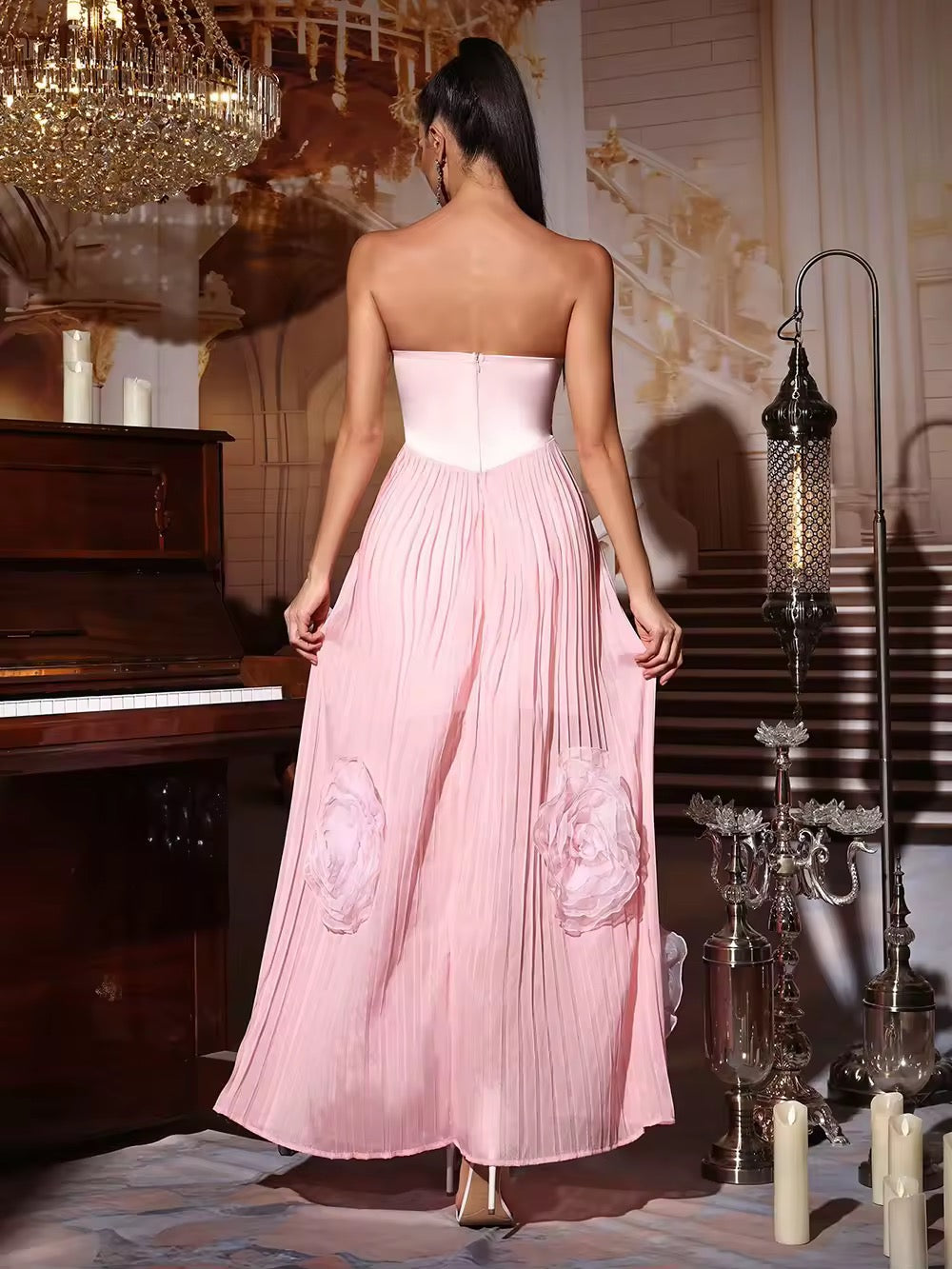 Off Shoulder High Waist Slim Sunflower Pleated Long Dress