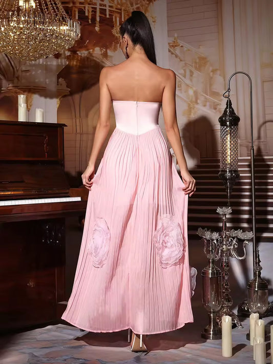 Off Shoulder High Waist Slim Sunflower Pleated Long Dress