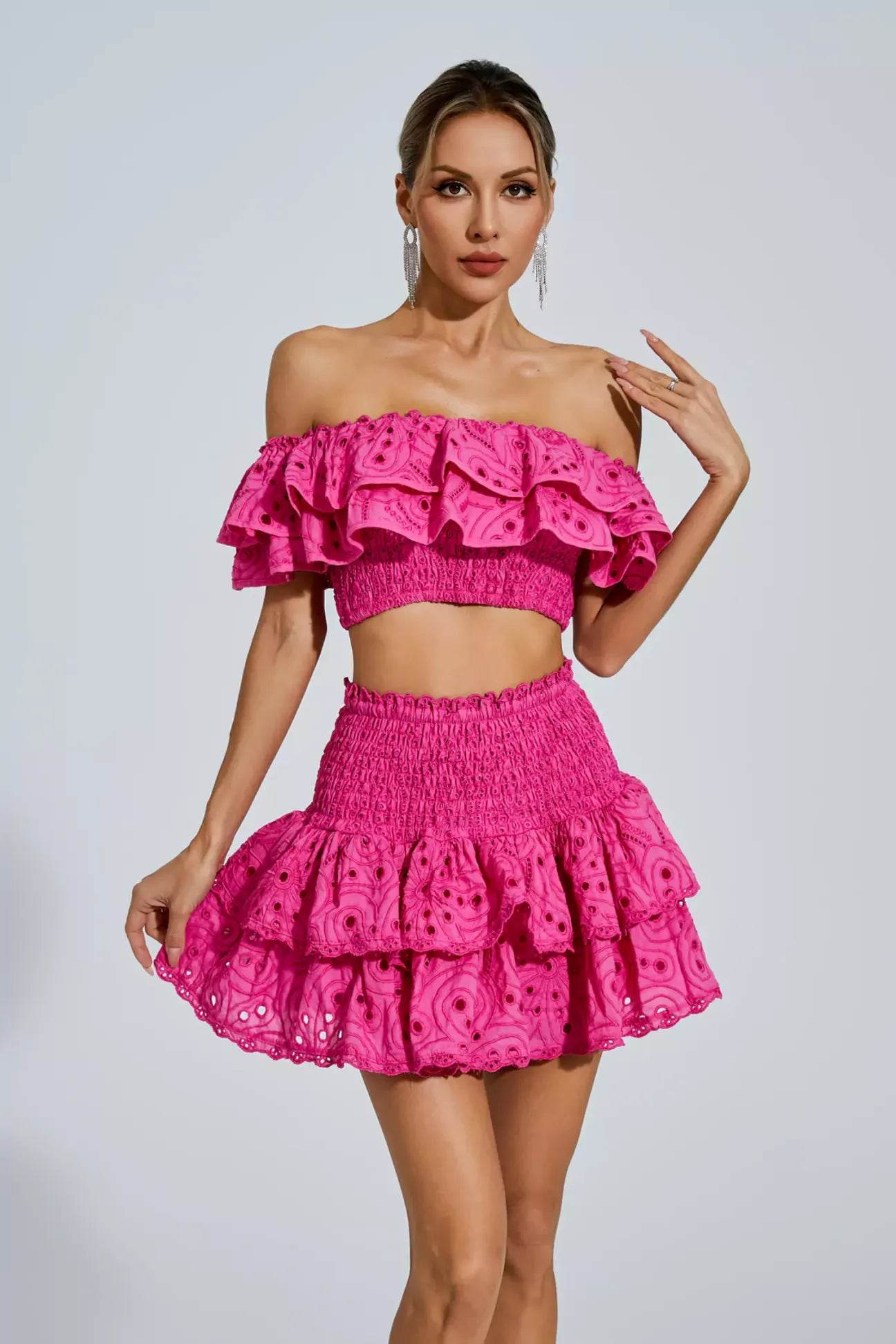 Pink Floral Ruffle Off-Shoulder Set - REBECATHELABEL