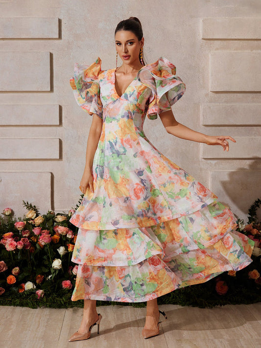 Ruffles V Neck Short Sleeve High Waist Ruched Long