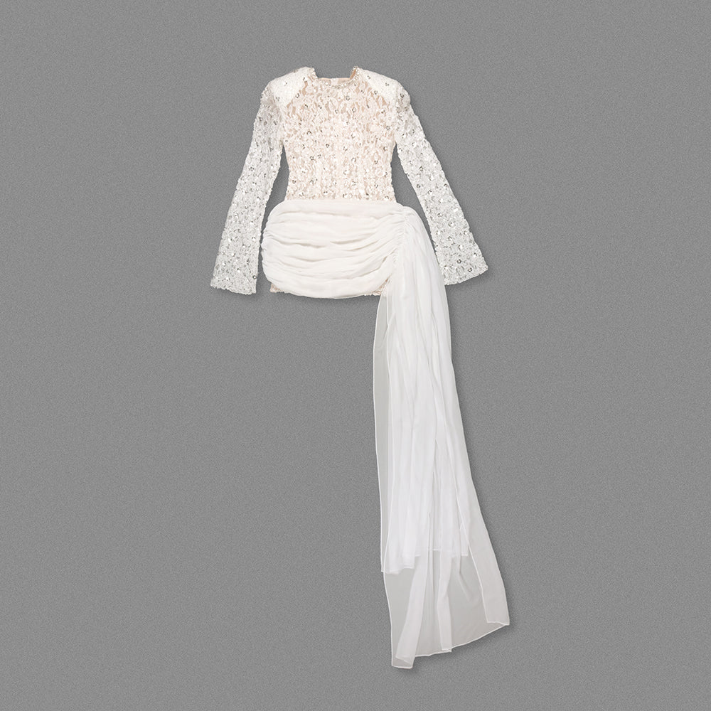 Round Neck Long Sleeve Ribbon Slim Heavy Hand Nail Drill Dress