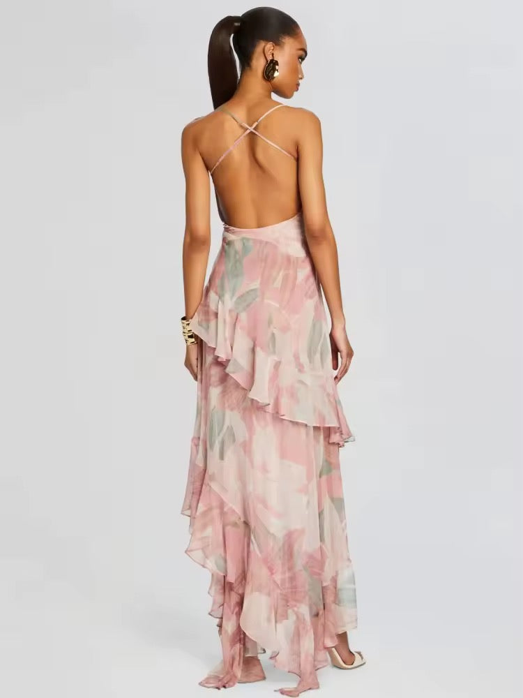 Pink Sleeveless Backless Spaghetti Strap Printed Ruffles Long Dress