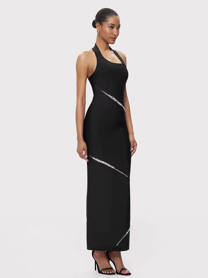 Diamonds Backless Halter Black Maxi Long Bodycon Bandage Dress