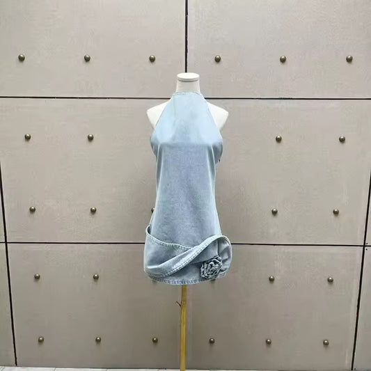 Dimensional Rose Embellished Dress, Sleeveless Backless Mini Dress