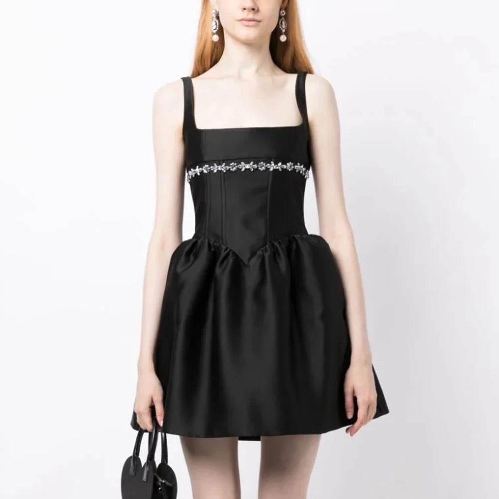 Square Neck Sleeveless Diamond A-line Sexy Low cut Mini Dress - REBECATHELABEL