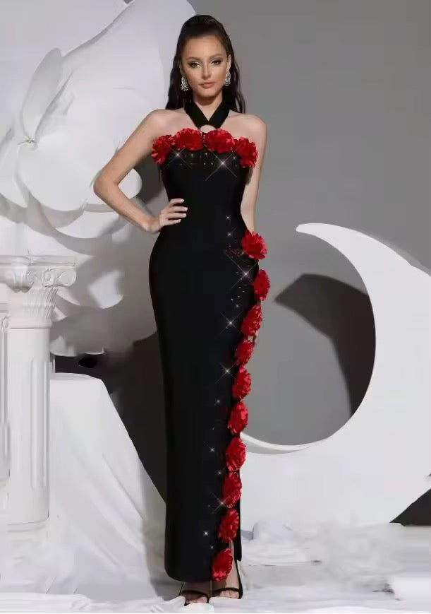Halter Shinning Crystal Florals Bodycon Long Bandage Dress