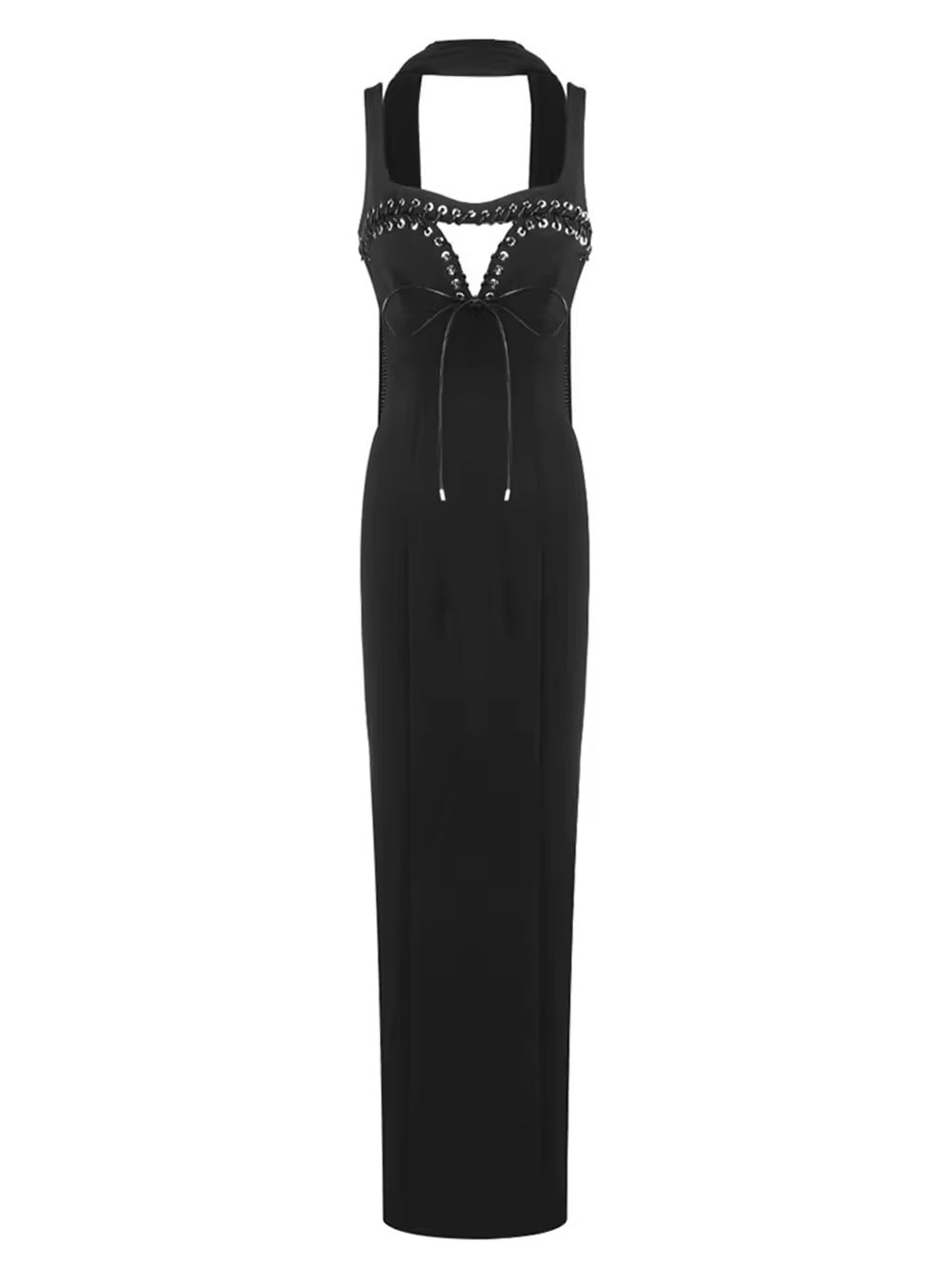 High Waisted Slim Long Dress With Ribbon Sleeveless Hollow Out dress