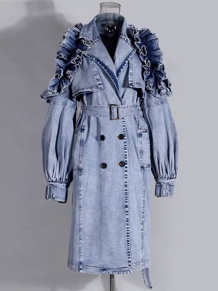 Oversized Blue Long Denim Trench Coat