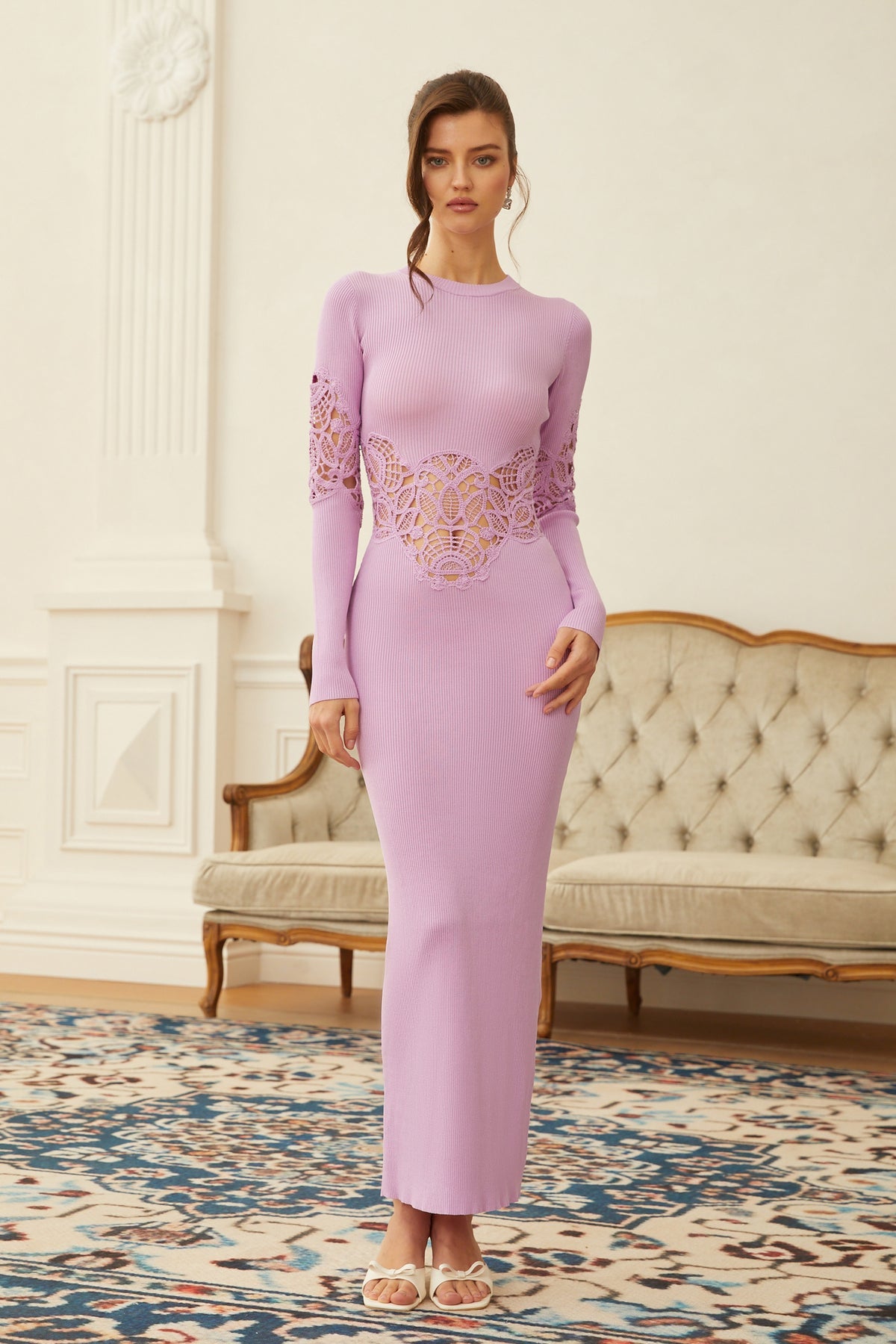 Purple Lace Panel Ribbed Knit Maxi Dress