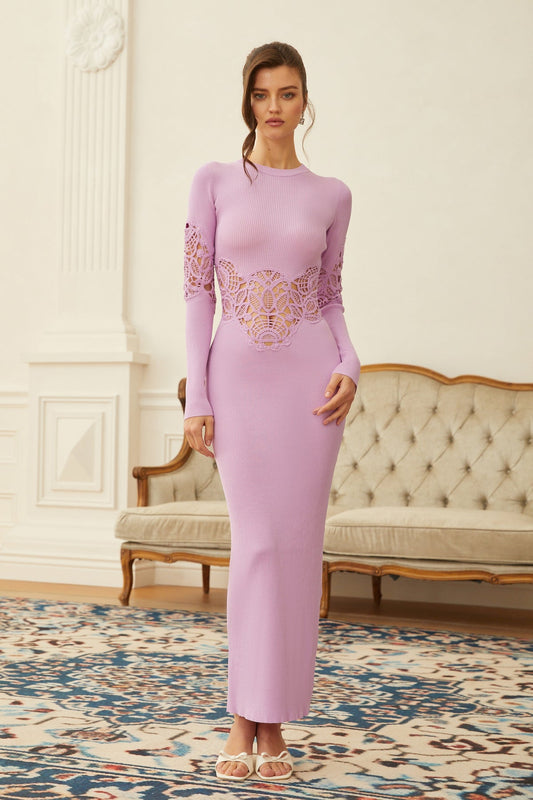 Purple Lace Panel Ribbed Knit Maxi Dress