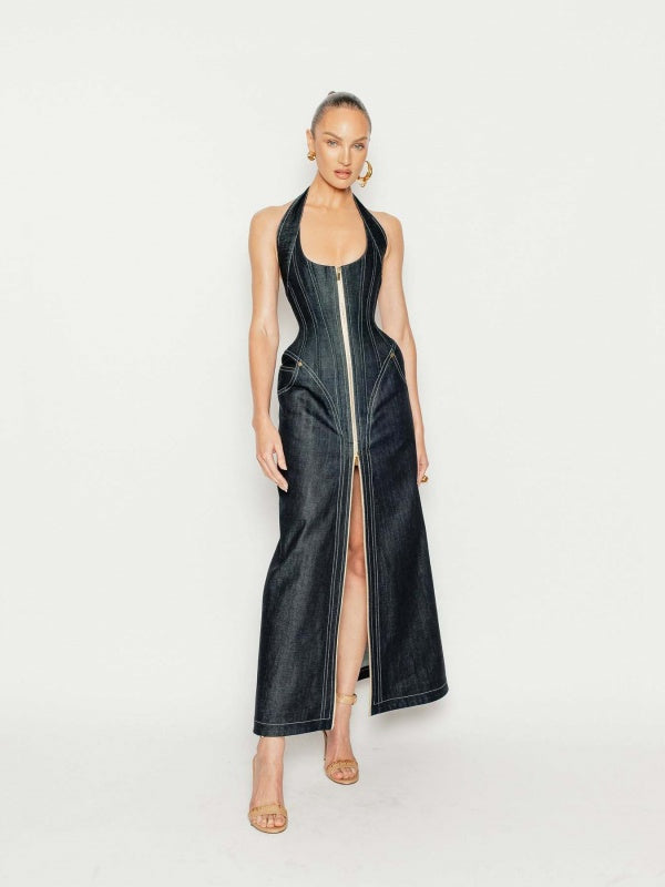 Backless Halter Blue Zipper Denim Maxi Long Gowns Dress