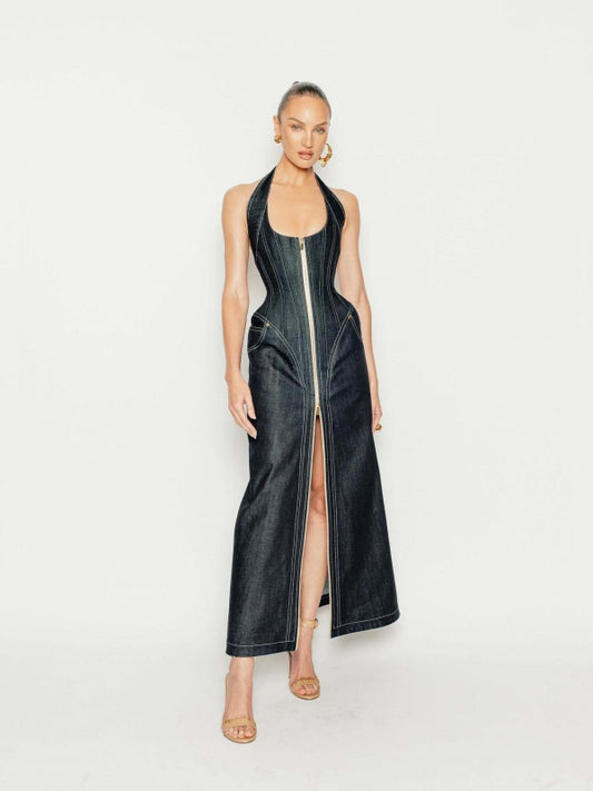 Backless Halter Blue Zipper Denim Maxi Long Gowns Dress