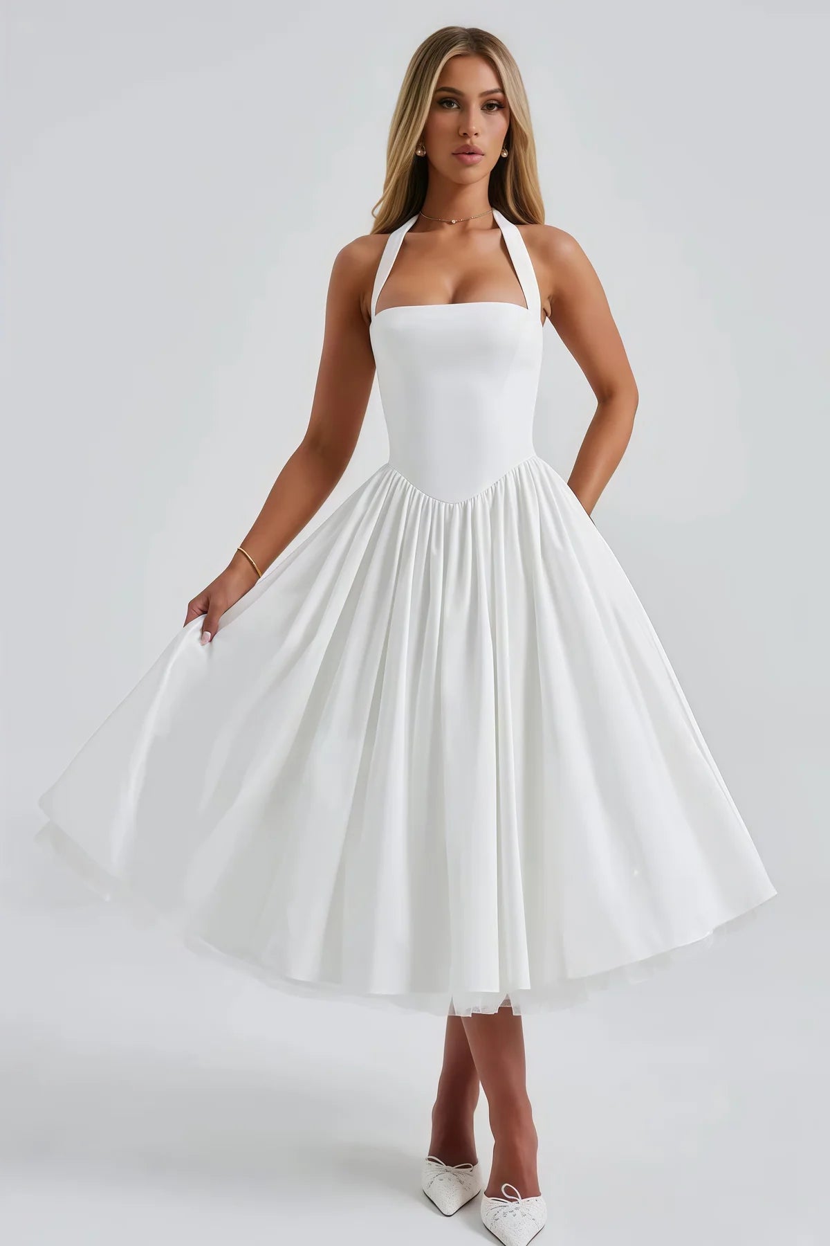 White Layered Flared Hem Midi Dress