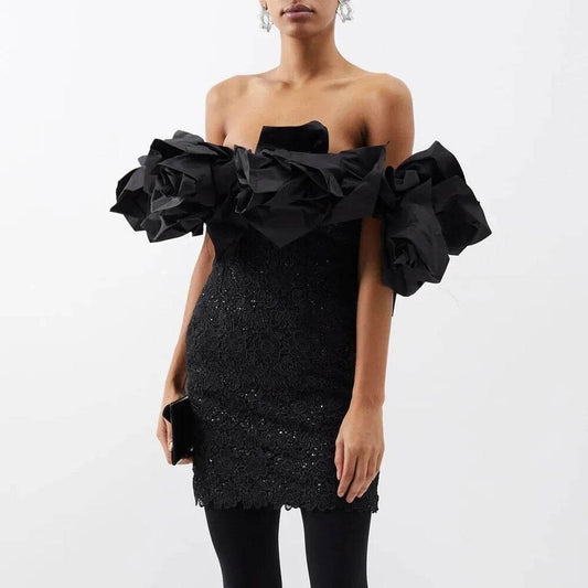 Sexy Off Shoulder Short Sleeve Flower Lace Tight Mini Dress - REBECATHELABEL