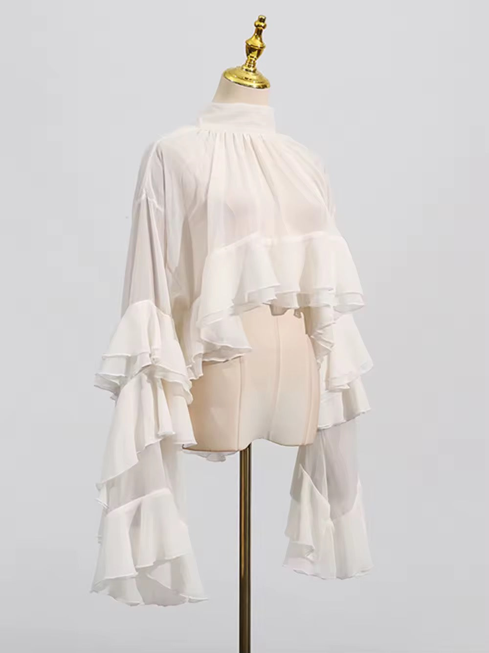 Chiffon Ruffle Blouse Sheer Lace Up Full Flared Sleeve Irregular Shirt