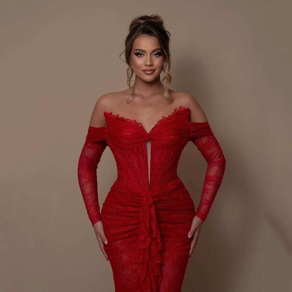 Strapless Lace Flower Pleated Long Dress - REBECATHELABEL