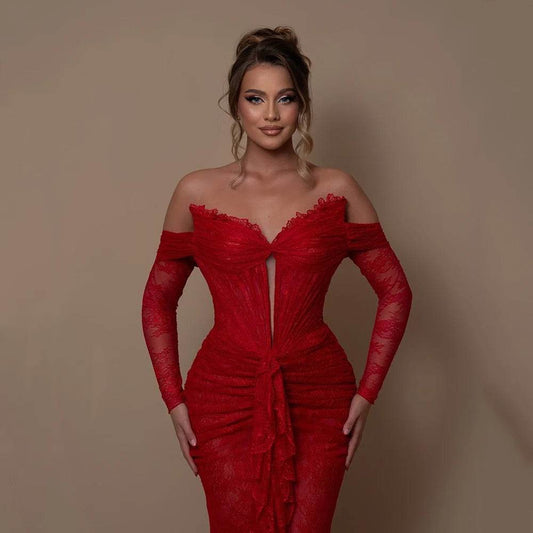 Strapless Lace Flower Pleated Long Dress - REBECATHELABEL