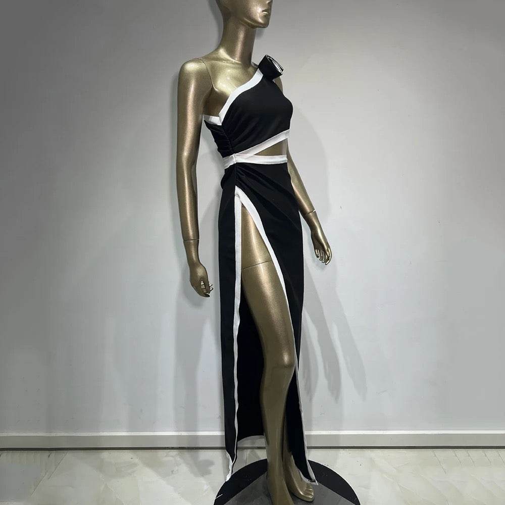 One Shoulder 3D Flower Hollow Asymmetric Split Long Bandage Dress - REBECATHELABEL