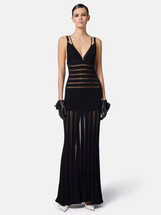 Deep V Backless Hollowed Out Slim Fit See Through Evening Maxi Dress