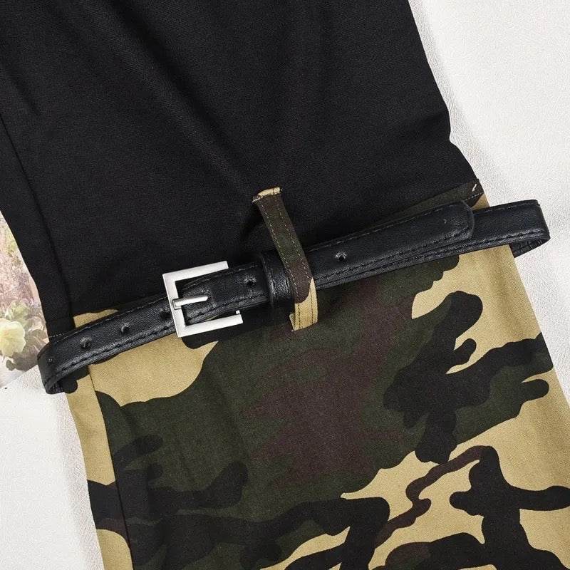 Cargo Style Patchwork Camouflage Flare Pants with Belt set - REBECATHELABEL