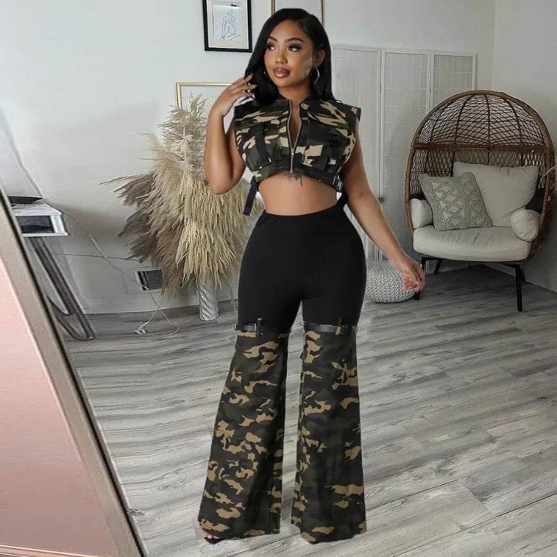 Cargo Style Patchwork Camouflage Flare Pants with Belt set - REBECATHELABEL