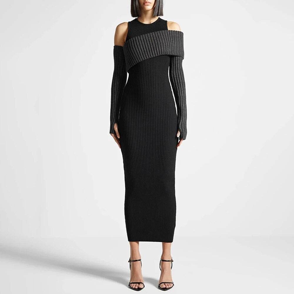 Casual Knit Dress Hollow out Sexy Round Neck Long Sleeve dress - REBECATHELABEL