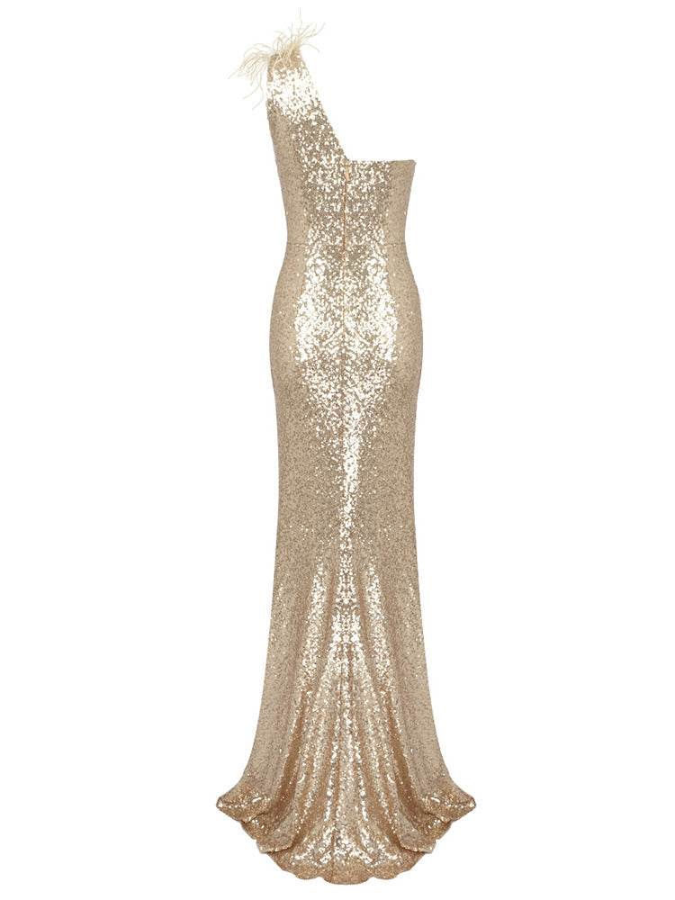 Champagne Sequin Oblique Shoulder Evening Dress - REBECATHELABEL
