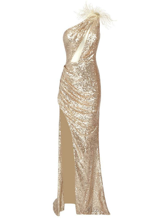 Champagne Sequin Oblique Shoulder Evening Dress - REBECATHELABEL