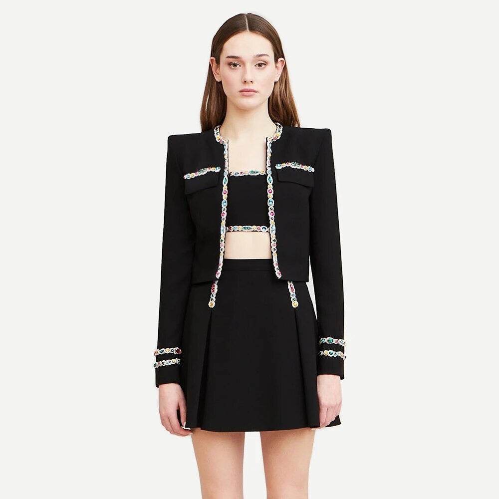 Colorful Diamond Bead Skirt Short Top Set - REBECATHELABEL