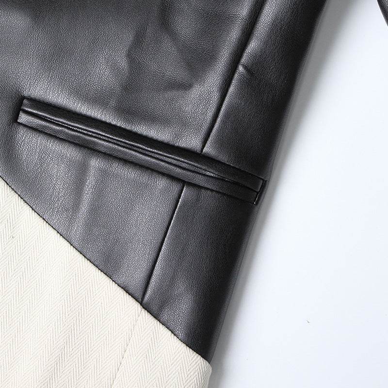 Contrast Patchwork Texture Faux Leather Blazer - REBECATHELABEL