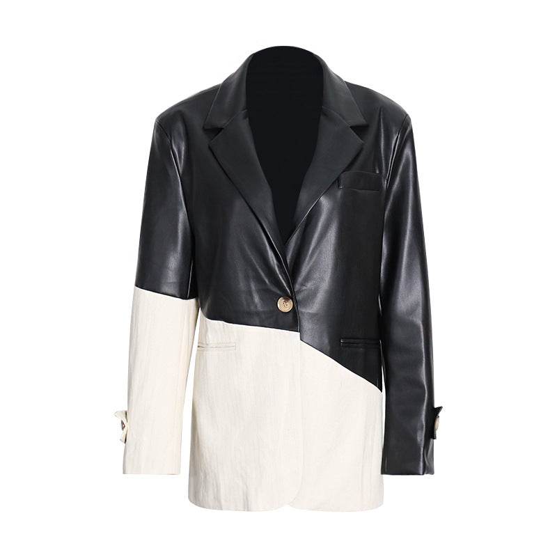 Contrast Patchwork Texture Faux Leather Blazer - REBECATHELABEL
