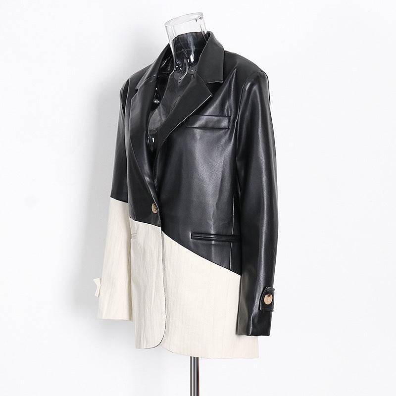 Contrast Patchwork Texture Faux Leather Blazer - REBECATHELABEL