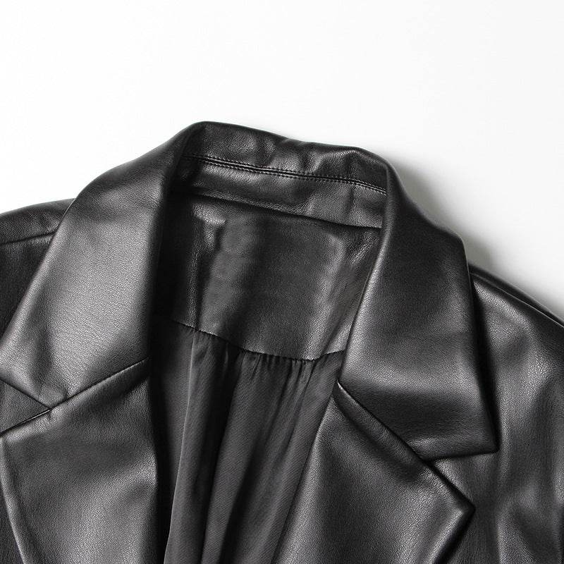 Contrast Patchwork Texture Faux Leather Blazer - REBECATHELABEL