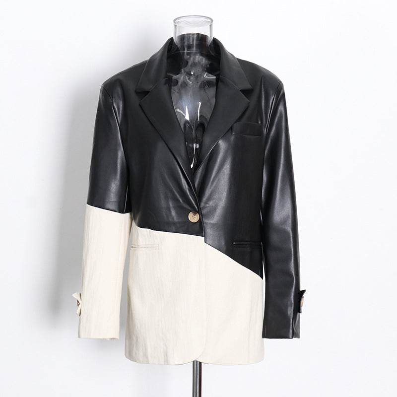 Contrast Patchwork Texture Faux Leather Blazer - REBECATHELABEL