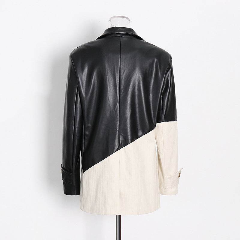 Contrast Patchwork Texture Faux Leather Blazer - REBECATHELABEL
