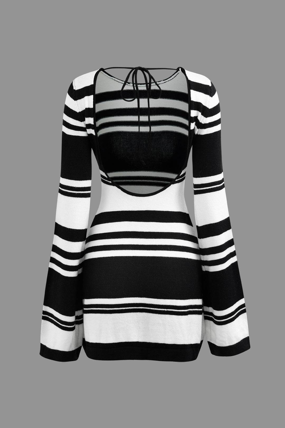 Contrast Stripe Backless Bell Sleeve Knit Mini Dress - REBECATHELABEL