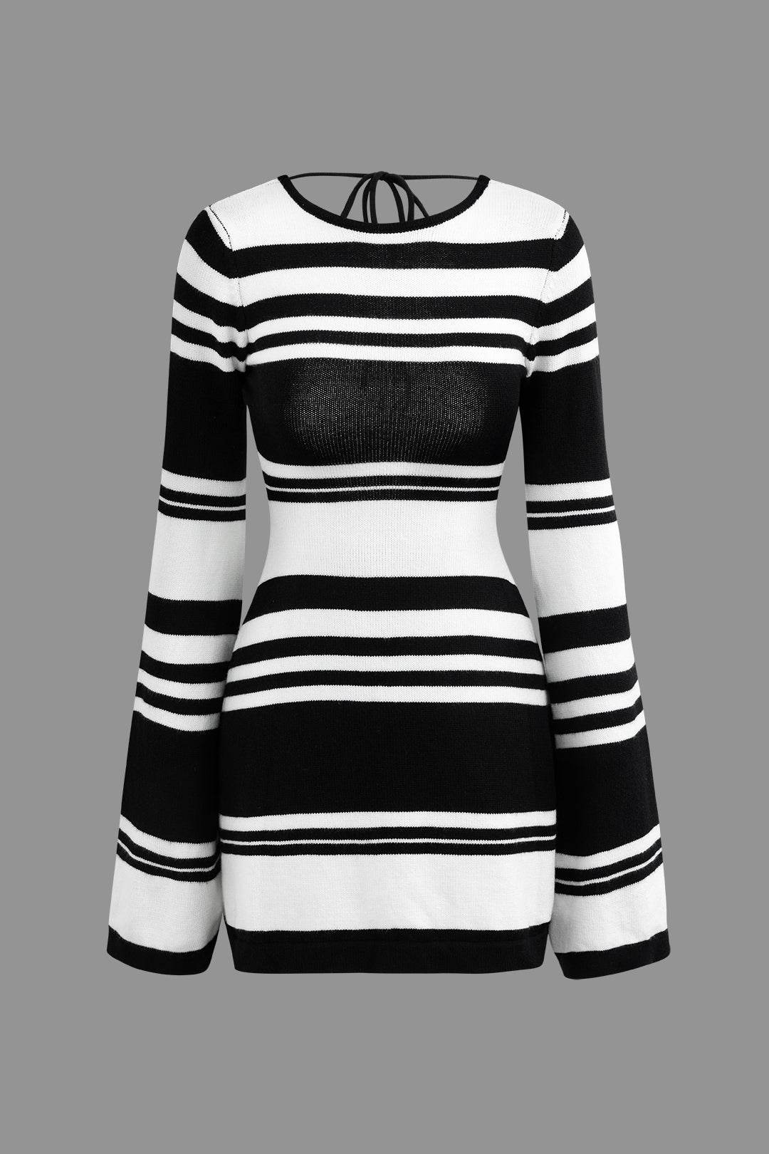 Contrast Stripe Backless Bell Sleeve Knit Mini Dress - REBECATHELABEL