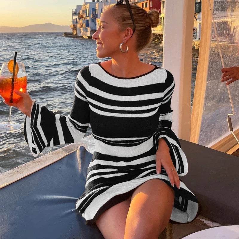 Contrast Stripe Backless Bell Sleeve Knit Mini Dress - REBECATHELABEL