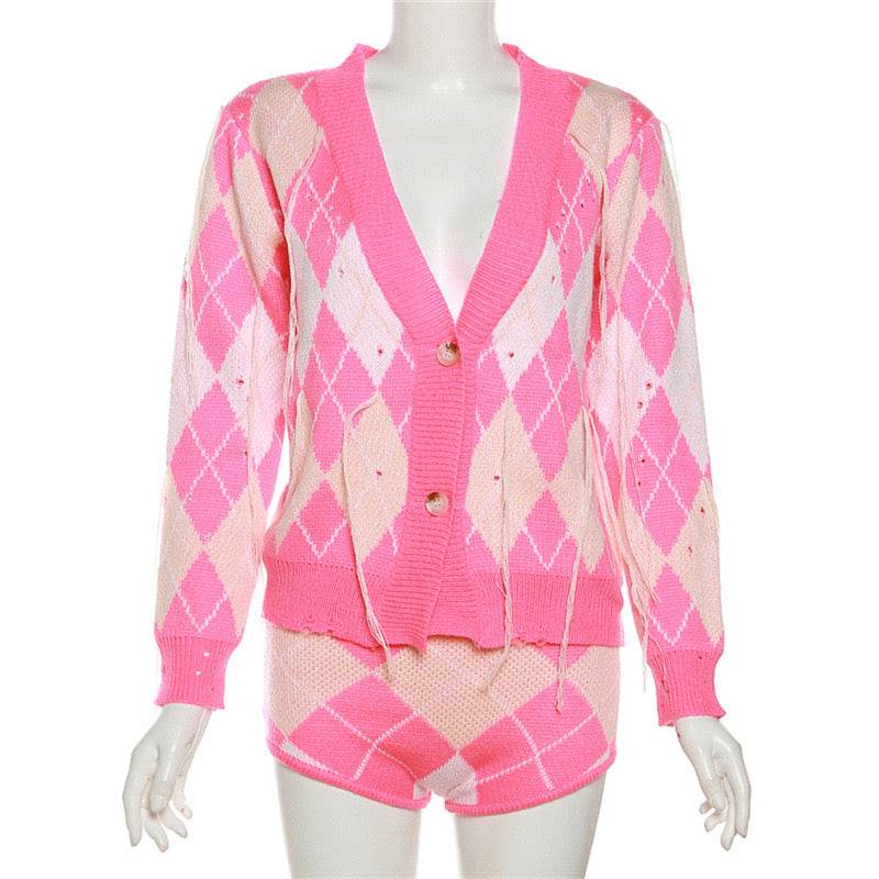 Contrast Tassel Coat High Waist Slim Shorts Set - REBECATHELABEL