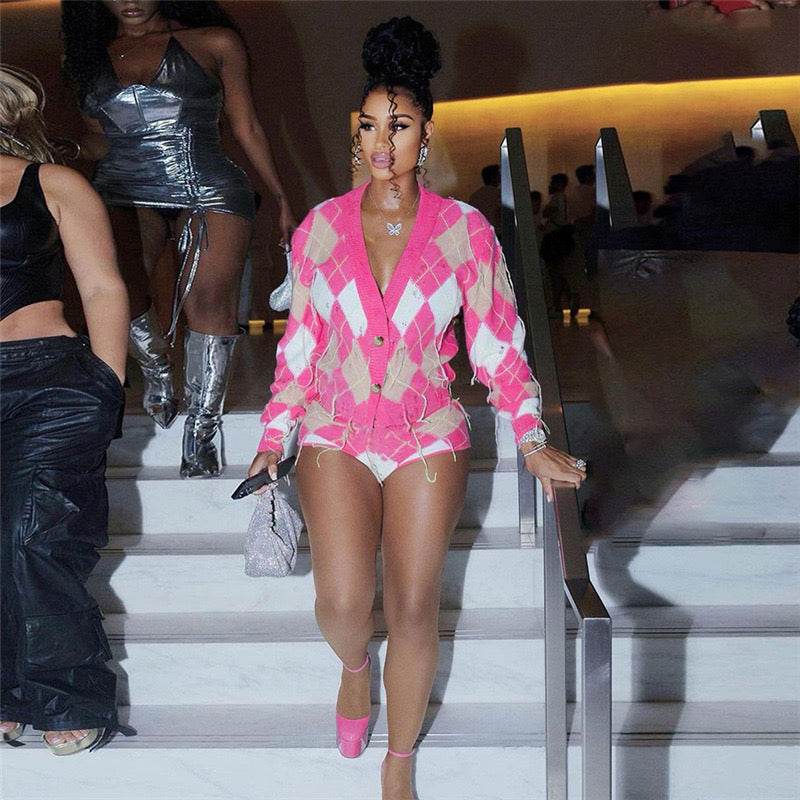 Contrast Tassel Coat High Waist Slim Shorts Set - REBECATHELABEL