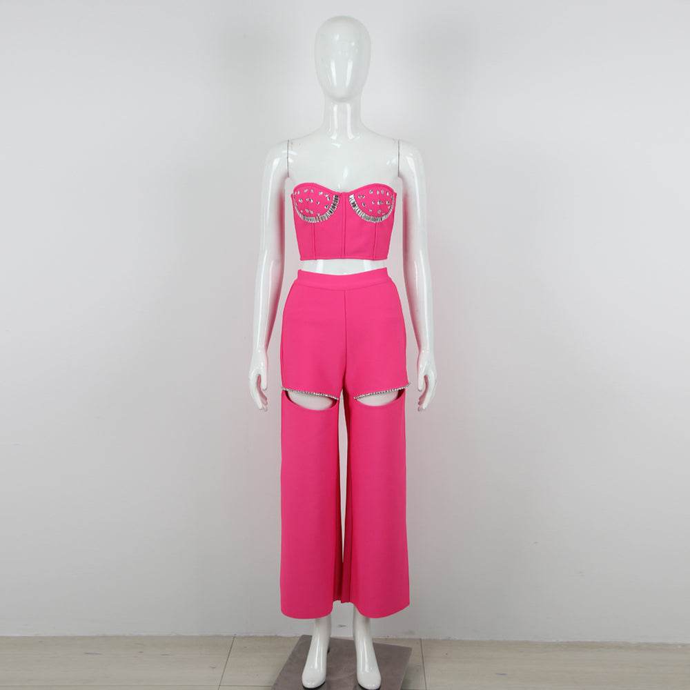 Crystal Circle Cutout Bandage Pants Set - REBECATHELABEL