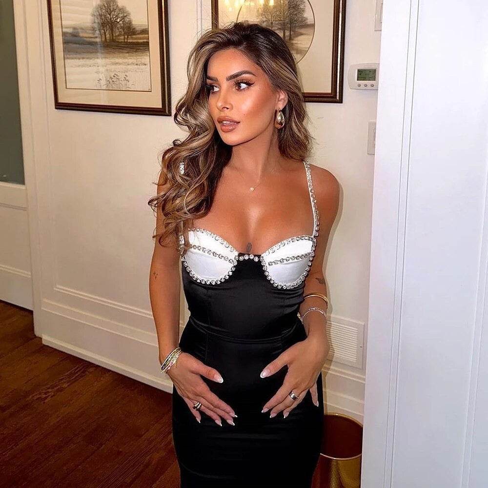 Crystal Edge Sleeveless Tight Bra Long Bandage Dress - REBECATHELABEL