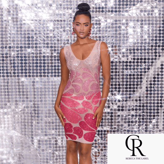 Crystal Embellished Mini Pink Dress - REBECATHELABEL
