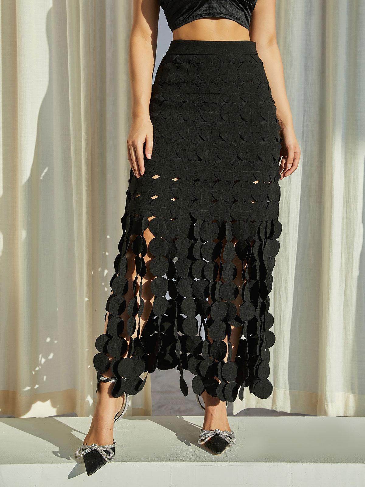 Cutout Fringe Skirt In Black - REBECATHELABEL