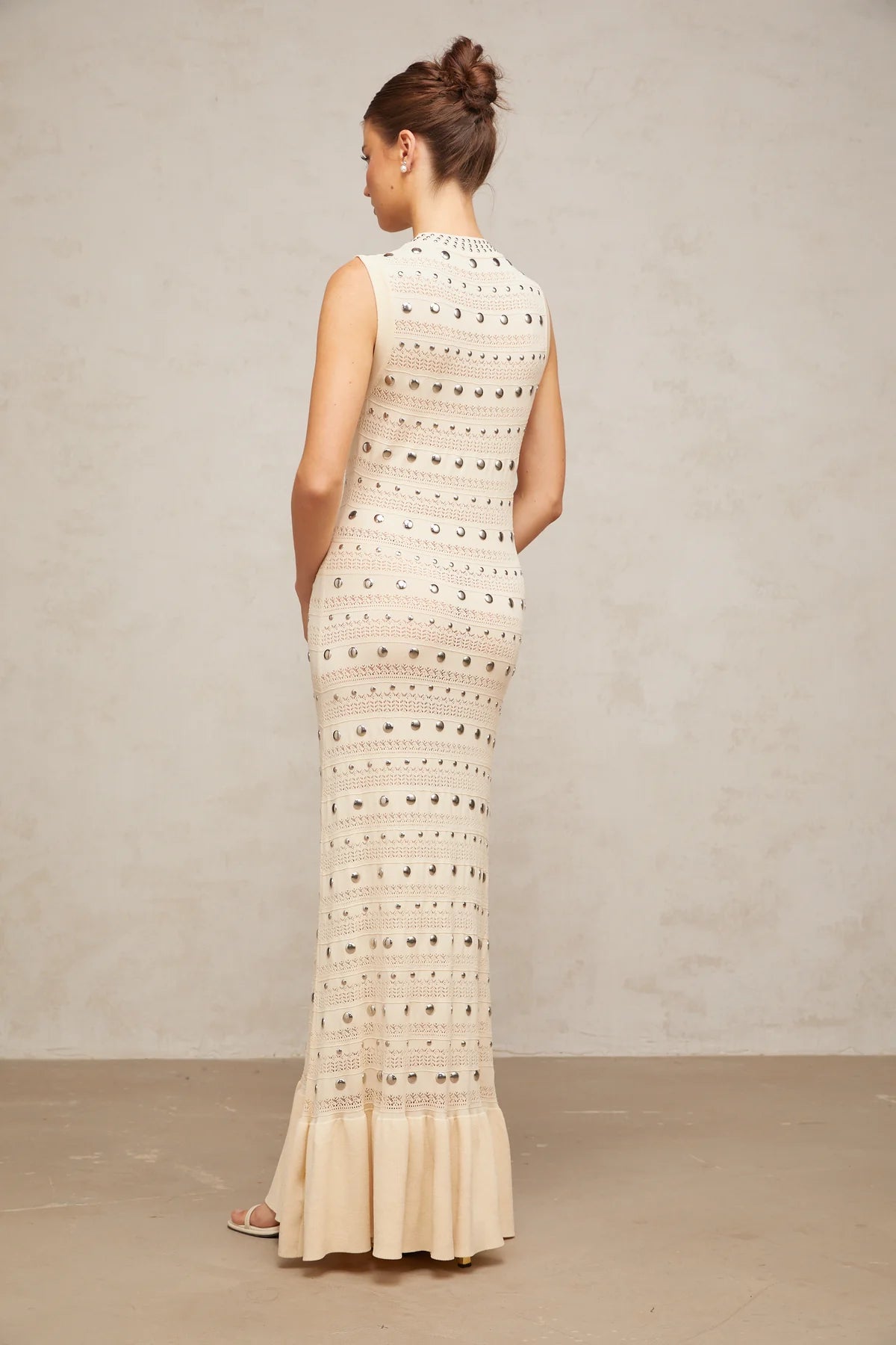 studded crochet-knit maxi dress in Neutrals