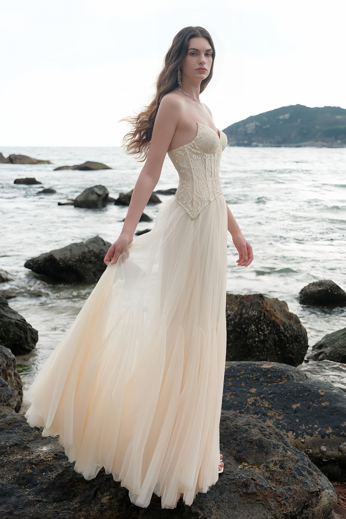 Beige Lace Corset Tulle Maxi Dress